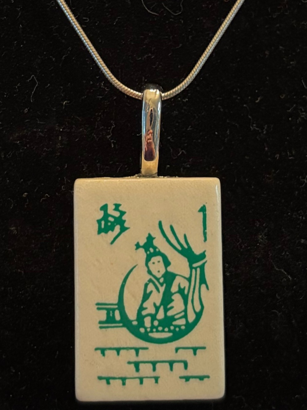 Vintage Mahjong Tile Necklace | Fisherman Tile | Sterling Silver Chain